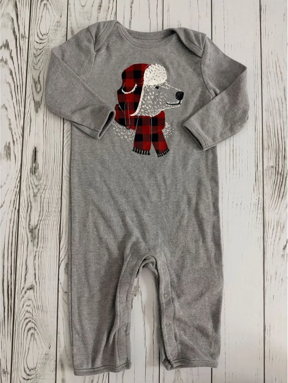 Old Navy Baby 6-12M Gray Fleece One-Piece Pajamas with Dog Applique